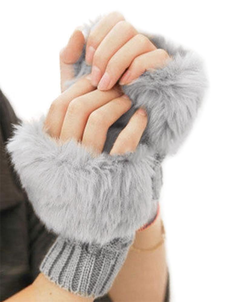 

2020 New Winter Ladies Faux Fur Fingerless Knitted Gloves-camel