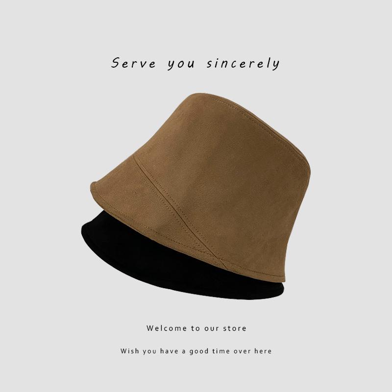 

Korean Style Suede Fisherman Hat For Women Girls Fashion Minimalist Bucket Caps Solid Female Winter Autumn Headwear Ornament, Black