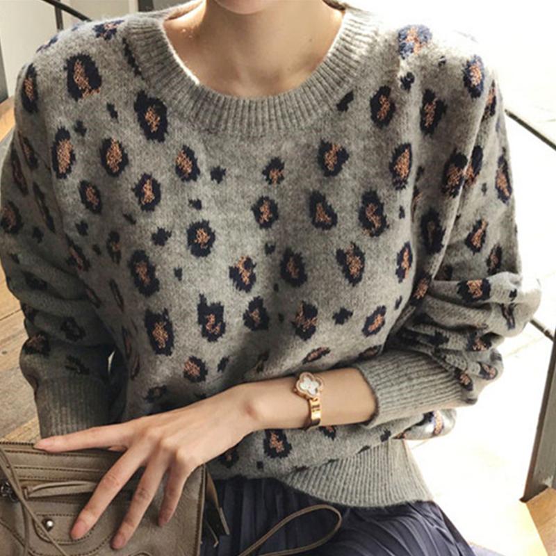 

2021 Spring Women Leopard O-Neck Sweater Short Pullovers Office Lady Loose Full Sleeve Jumper Knitted Elegance Girl Tops T0N858T, Khaki