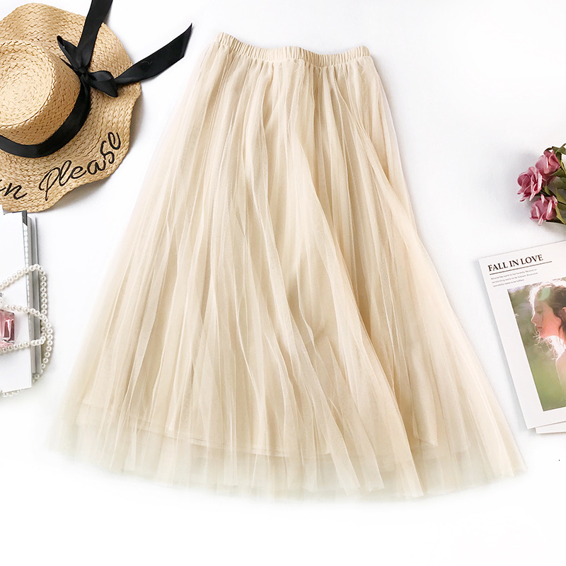

2021 New Fashion Spring Summer Vintage Skirts Womens Elastic High Waist Tulle Mesh Long Pleated Tutu Skirt Female Jupe Longue R2wt, Black