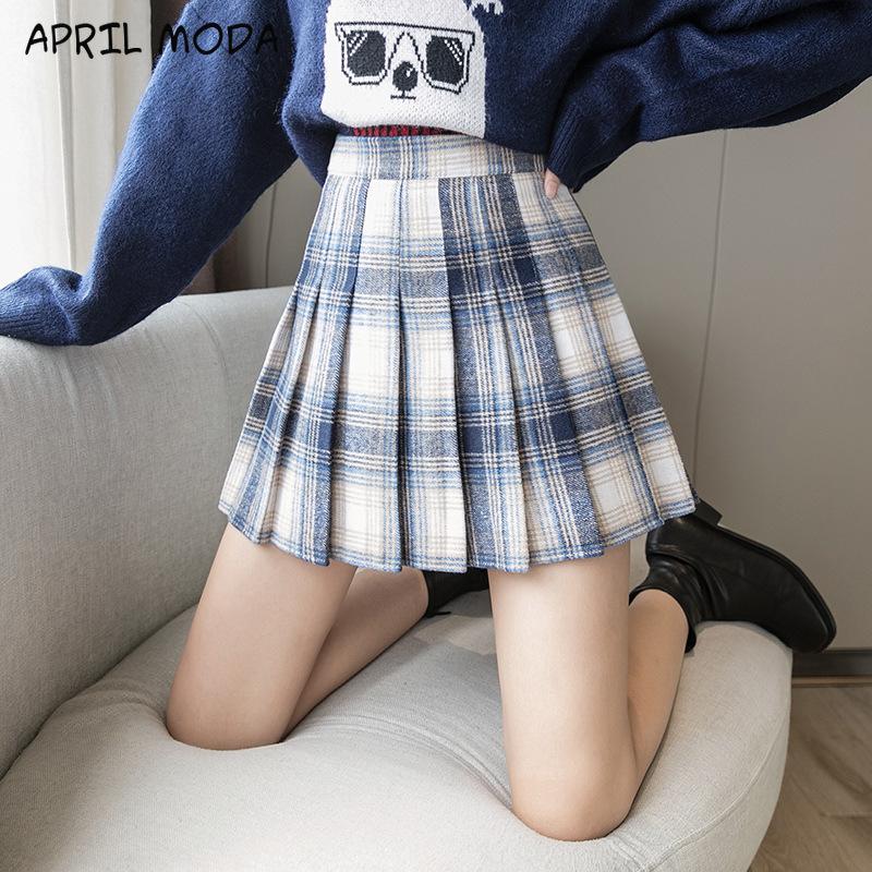 

2020 Vintage New Winter Wool Blend Plaid A-line Pleated Mini Skirts Skorts Preppy Sweet Colored Check Houndstooth Short Skirts