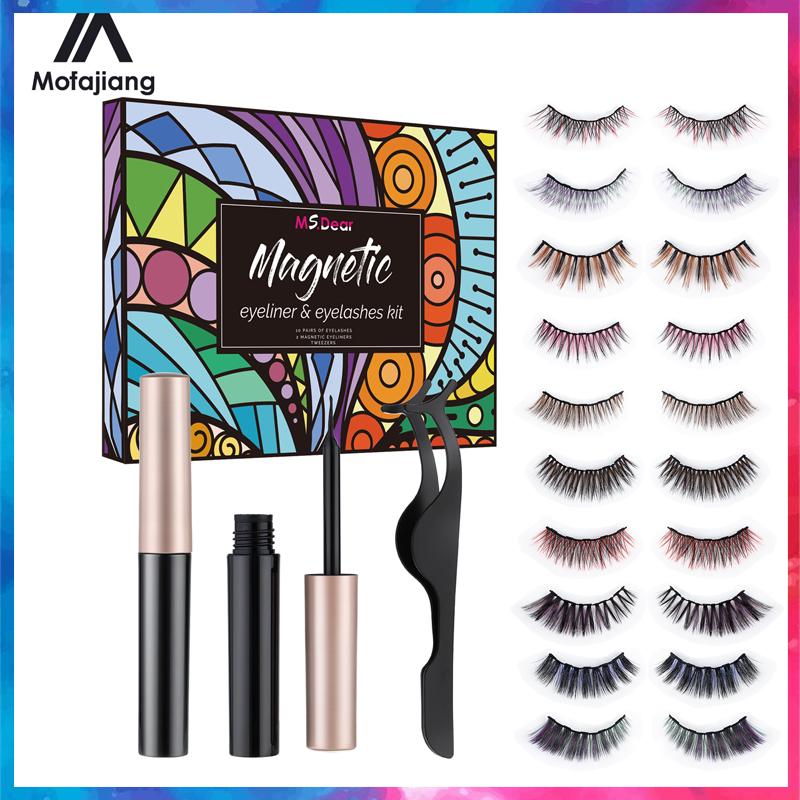 

10 Pairs 3D Reusable Magnetic False Eyelashes Set 2pcs Tube Eyeliner Kit 1pc Tweezer Long Lasting Extended Eye Lashe No Glue