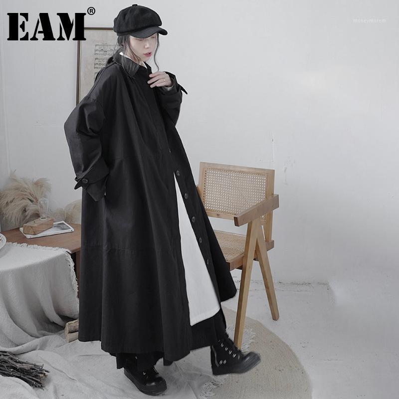 

EAM] Women Large Size Brief Long Trench New Lapel Long Sleeve Loose Fit Windbreaker Fashion Tide Spring Autumn 2020 1DD02081, Black