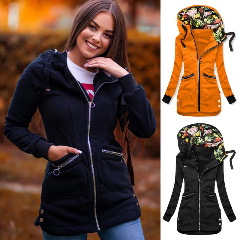 

Women Vintage Flower Print Hooded Hoodie Warm Zipper Floral Print Hoodie Zipper Pocket Sweatshirt Jacket Pocket Casual Jacket, Bk