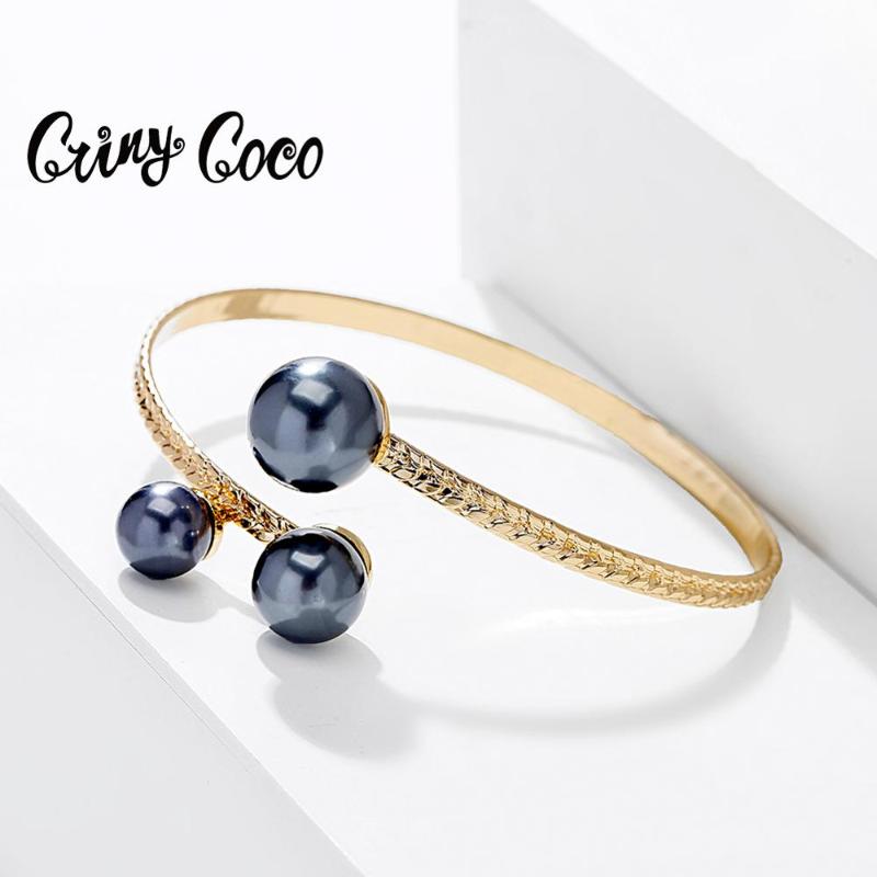 

Cring coco Black Pearls Bracelets New Fashion Classic Women's Gold Color Alloy Jewelry Bracelet for Women Wedding