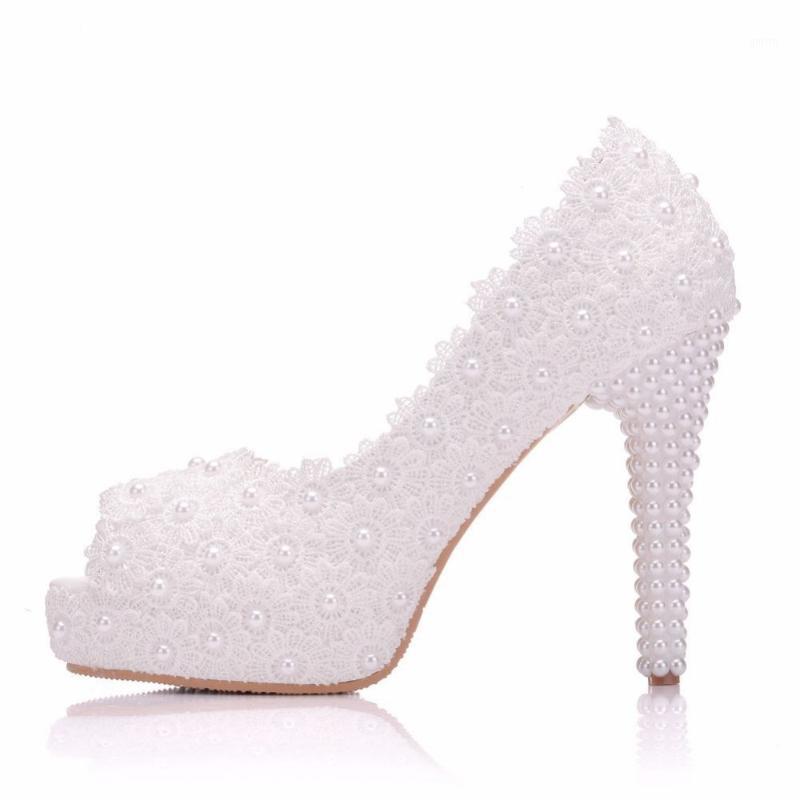 

2021 Sweet Flower Wedding Shoes Women Pumps High Heels 11CM Lace Platform Pearls Bride Dress Shoes Peep Toe Sandals Female1, Pink