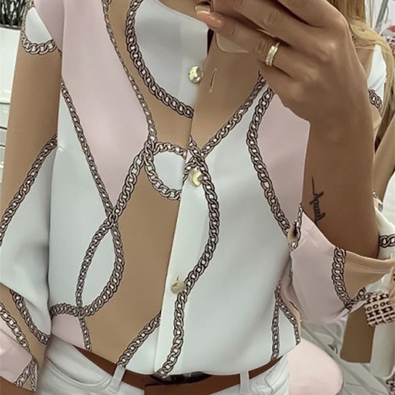 

Autumn Women Elegant Leisure Top Female V-Neck Basic Shirt Adjustable Sleeve Chains Print Button Design Casual Blouse Y200402, Multi
