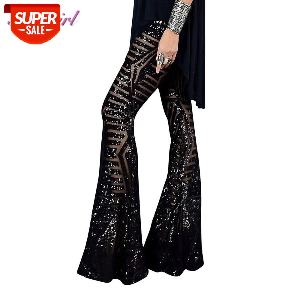 

Sexy Black Silver Sequin Glitter Wide Leg long Flare Pants High Waist Party Club XMAS Trousers Pants Outfit Streetwear Bell Pant #Rg7D, Black;white