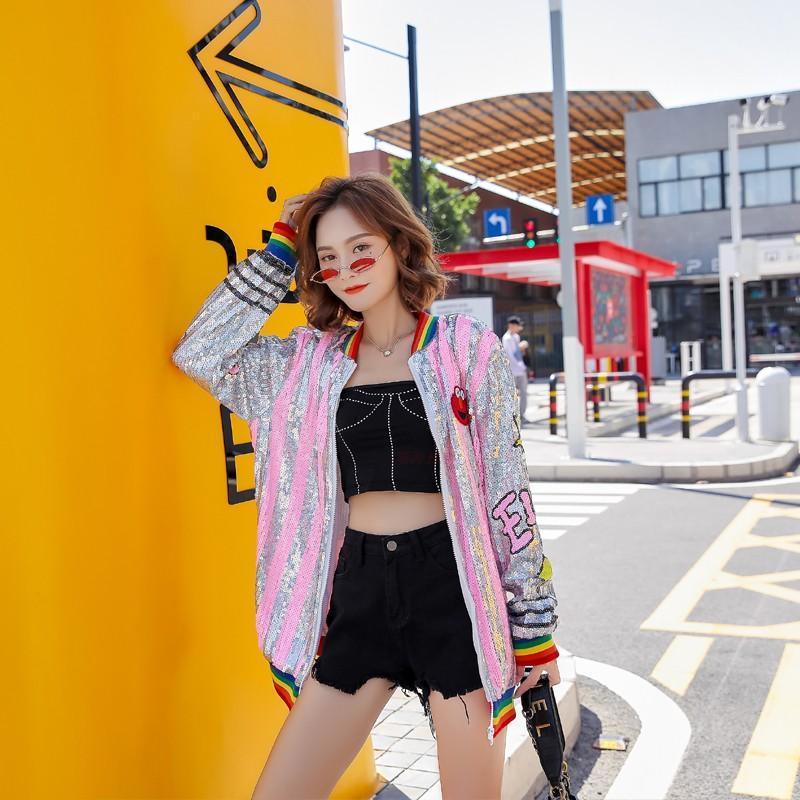 

Streetwear Hip Hop Sequined Plus Size outerwear Cartoon Print Loose Korean Spring And Autumn New Zipper Women Jacket Coats1, 634