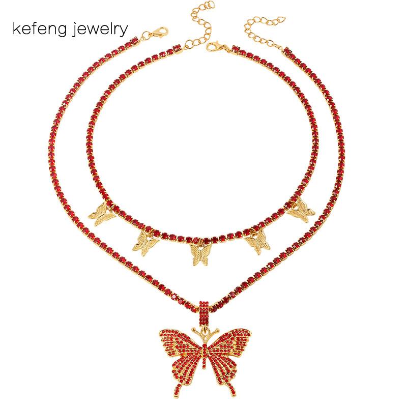 

Red Big size Butterfly Pendant Charm Bubble Miami Curb Cuban Chain Hip Hop Necklace Rapper Gift Rock Choker Men Women Jewelry