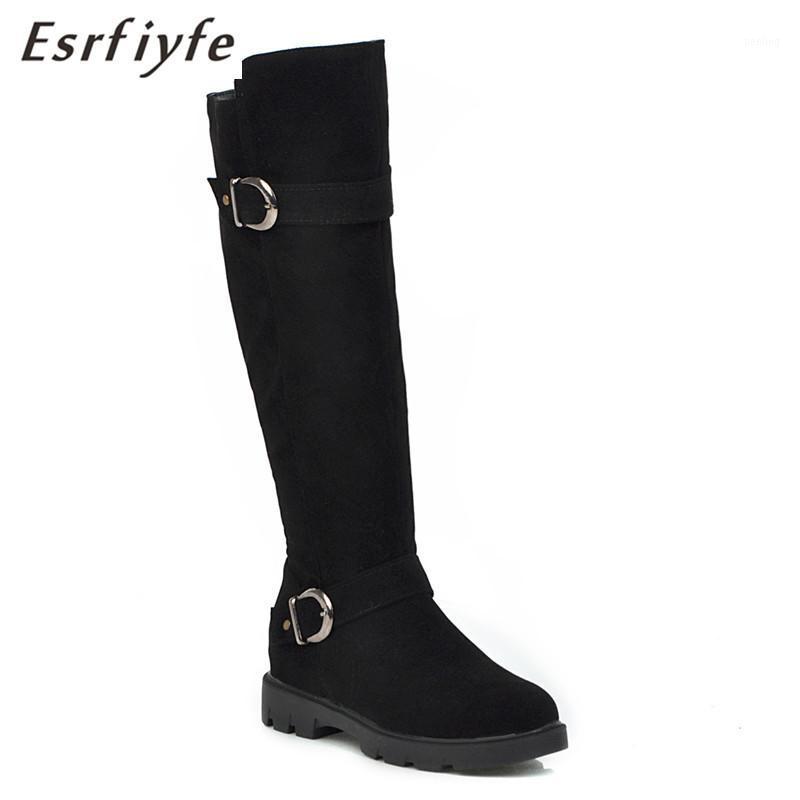 

ESRFIYFE 2020 New Square Heel Knee High Boots Women Flock Matte Boots Zapatos De Mujer Solid Riding Knight Winter Shoes1, Black