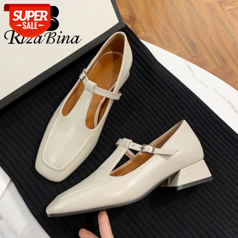

RIZABINA New Women Flat Shoes Buckle Square Toe Women Shoes Fashion Classic Party Footwear Size 32-43 #Sb4R, Beige