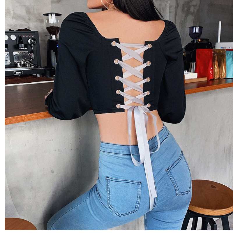 

Women' western style open back bandage yoga sports smock Ruffle short running sports top solid color breathable fitness suit, Black