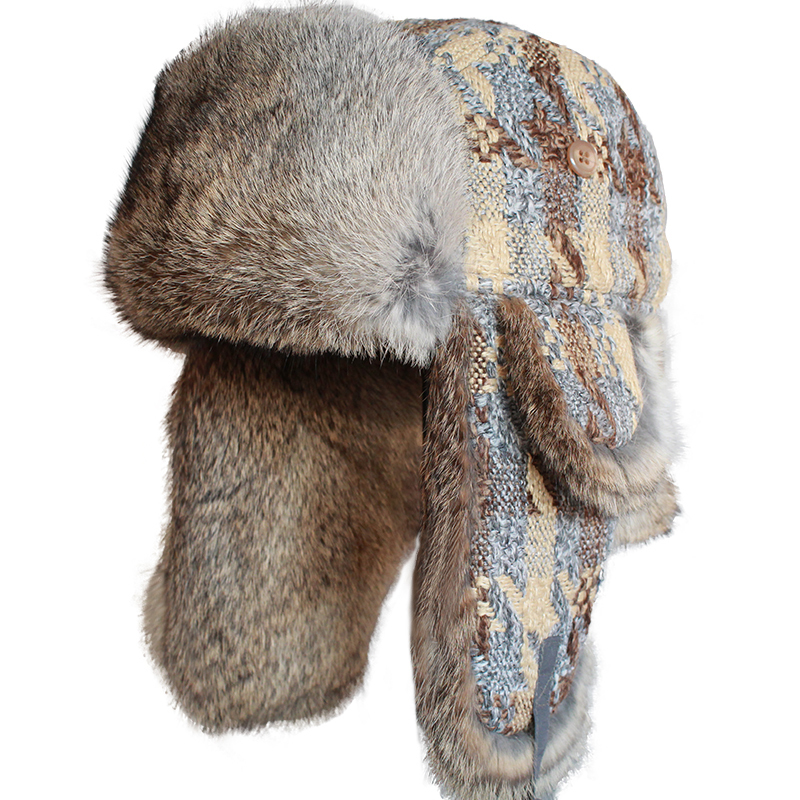 

Russian rabbit skin bomber woman's hat wintertrapper snow cap earflap ushanka