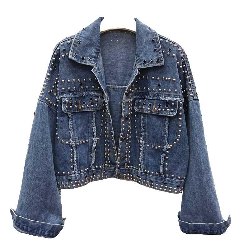 

Rivet Diamonds Beading Women Denim Jacket Single Breasted Casual Button Coat 2020 Spring Autumn New Fashion Jeans Outwear, Black