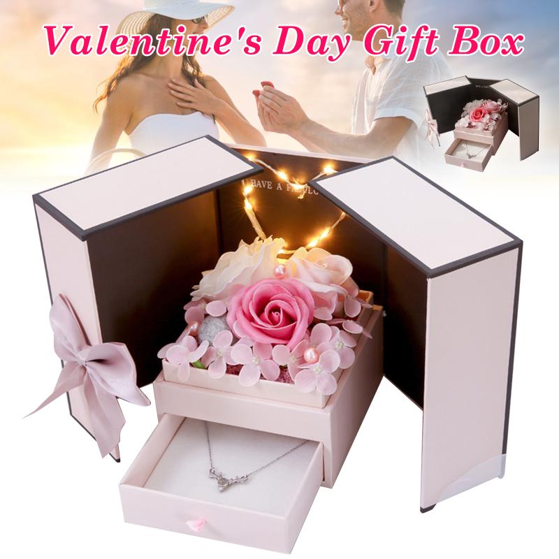 

Soap Rose Flower Gift Box Lipstick Earrings Necklace Storage Display Flower Gift Box for Lovers Girlfriend Wife JA55, Without light