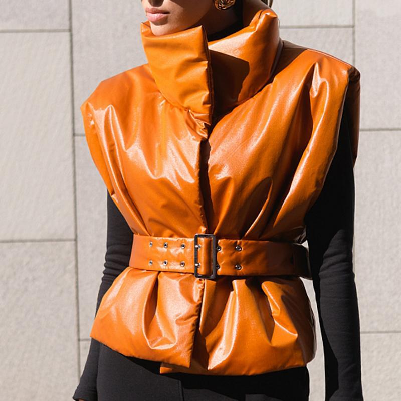 

Malina Fashion Solid Covered Button PU Leather Vests Women Elegant Tie Belt Waist Coats Women Stand Collar Short Vests Ladies, Orange
