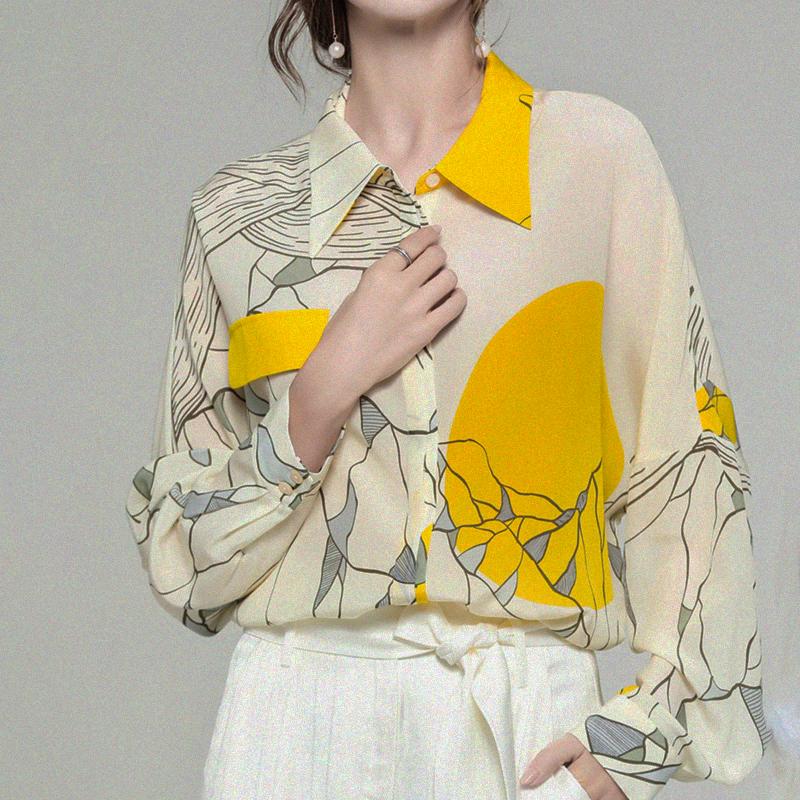 

Print Chiffon Shirts Women Long Sleeve Turn Down Collar batwing Blouse Female Autumn 2020 Loose Office Lady Chic Tops Blusas, Yellow