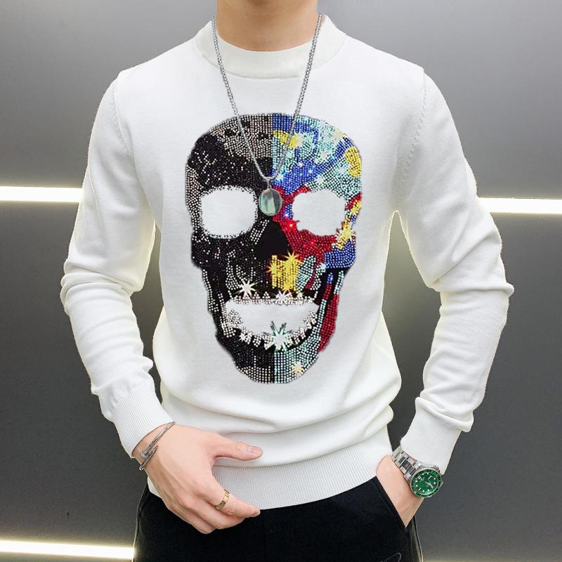 

Top Quality Skull Color Rhinestone Men's Sweater Slim Street Brand Knitted Pullover 2Colors, As shown asian size