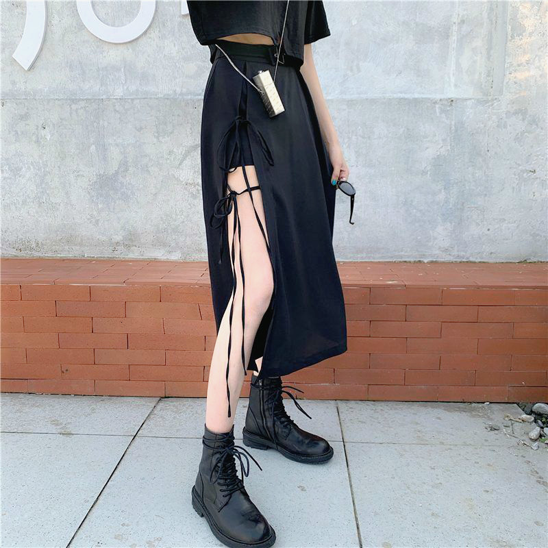 

2021 New Designer Streetwear Retro Split Fashion Slim Casual Korean Style Y2k Open Fork Bandage Skirt Women Summer Z5wa, Top
