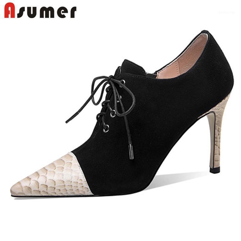 

Asumer Quality Single Shoes Women Pumps Suede Leather Lace Up Spring Summer Fashion Classic Thin High Heels Dress Shoes Woman1, Black