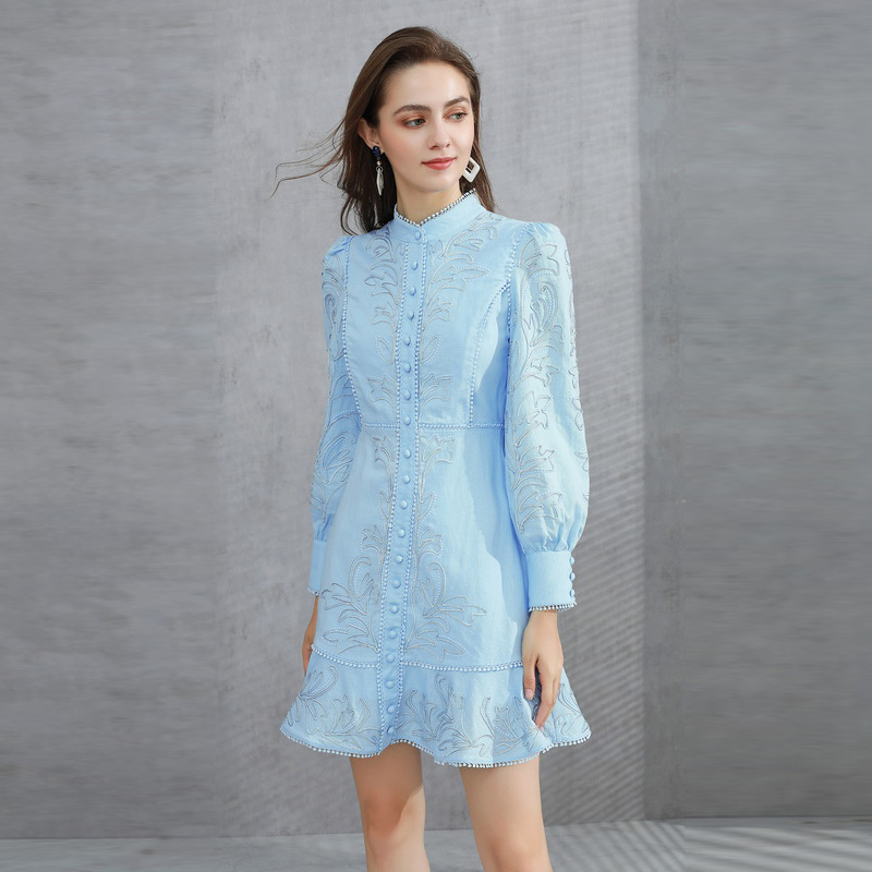 

2021 Spring Summer Long Sleeve O Neck Print Embroidery Milan Runway Dress Designer Dress Brand Same Style Dress 21-12.7, Picture color
