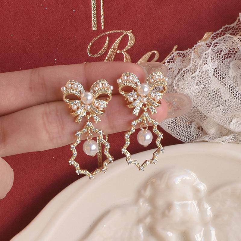 

Dangle & Chandelier 2021 Arrival Fashion Drop Earrings Alloy Classic Bowknot Korean Pearl Bow Tassel Long For Women Jewelry, Silver