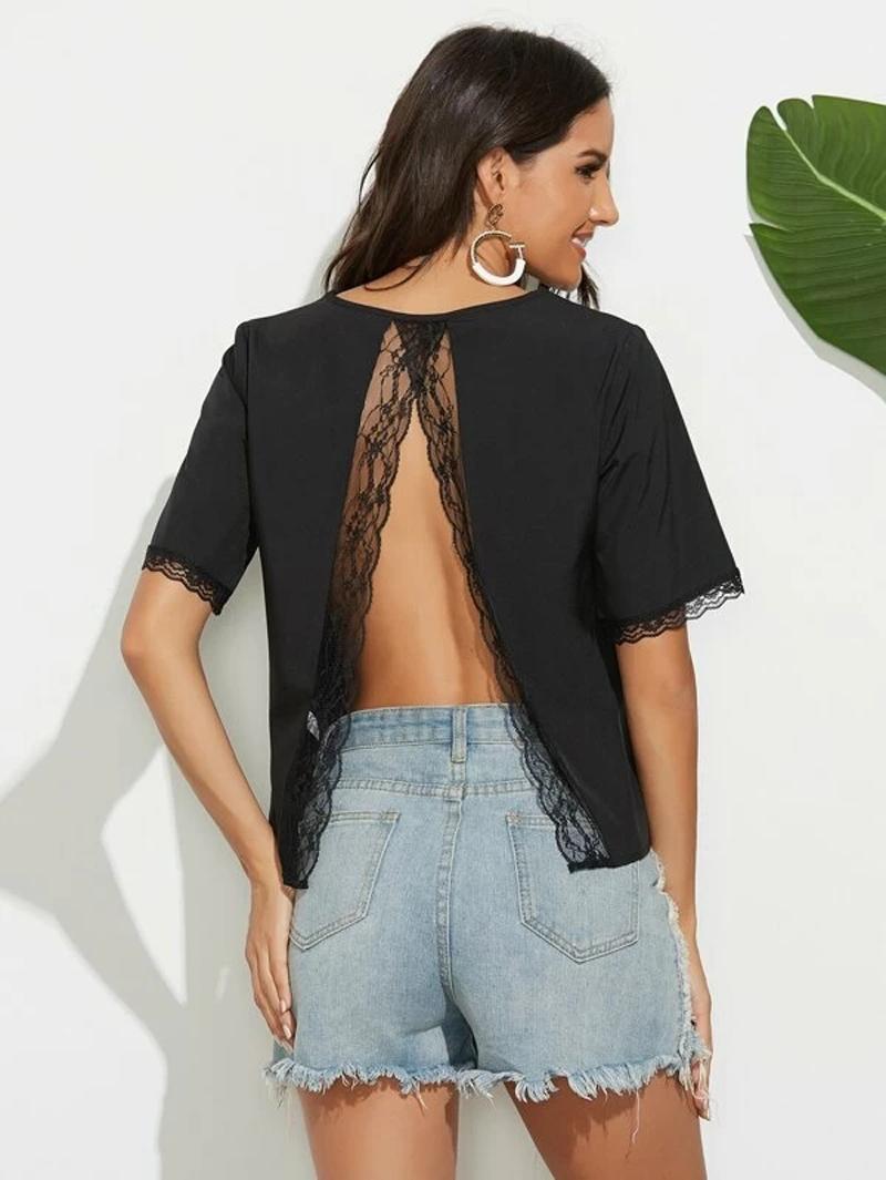 

2021 Summer New Women' Back Split Tops female Lace Chiffon Shirt Black Loose Casual Blouse