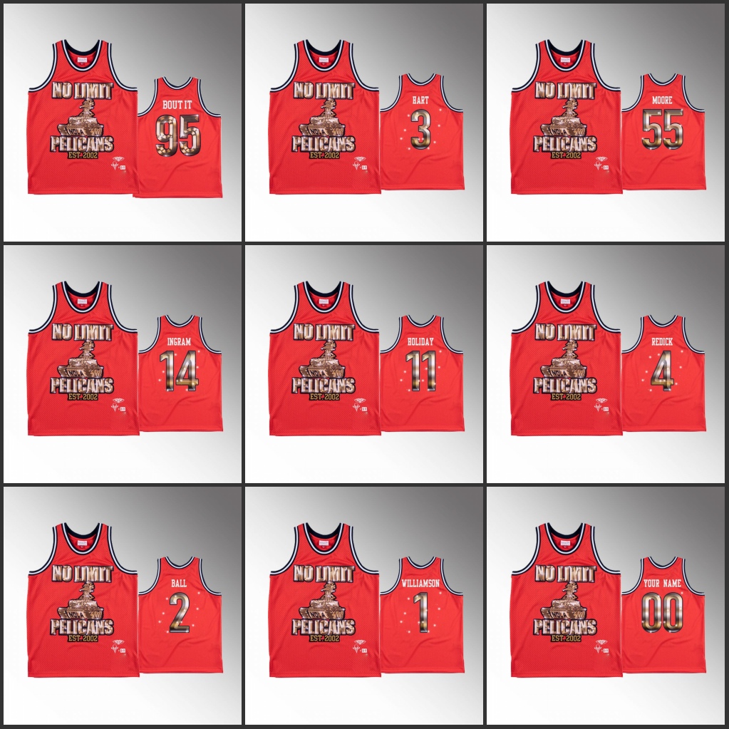 

New Orleans''Pelicans''Men Brandon Ingram E'Twaun Moore Zion Williamson J.J. Redick Bout It No Limit X Remix Red Custom Jersey