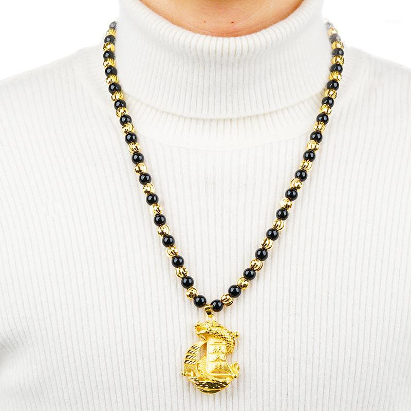 

Free Shipping "Smooth sailing" Pendant Necklaces for Women Men Jewelry 24K Gold Color with 60 cm Black beads chain Jewellery1