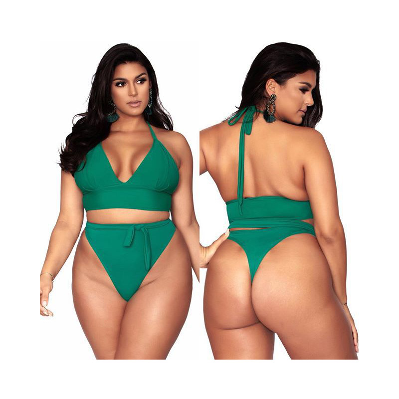 Plus Size Swimwear Solid Bikini Talla Grande High Waist Bathing Suit Bandage Bikinis Fashion Beachwear Large Size Swimsuit Women-image-652448903
