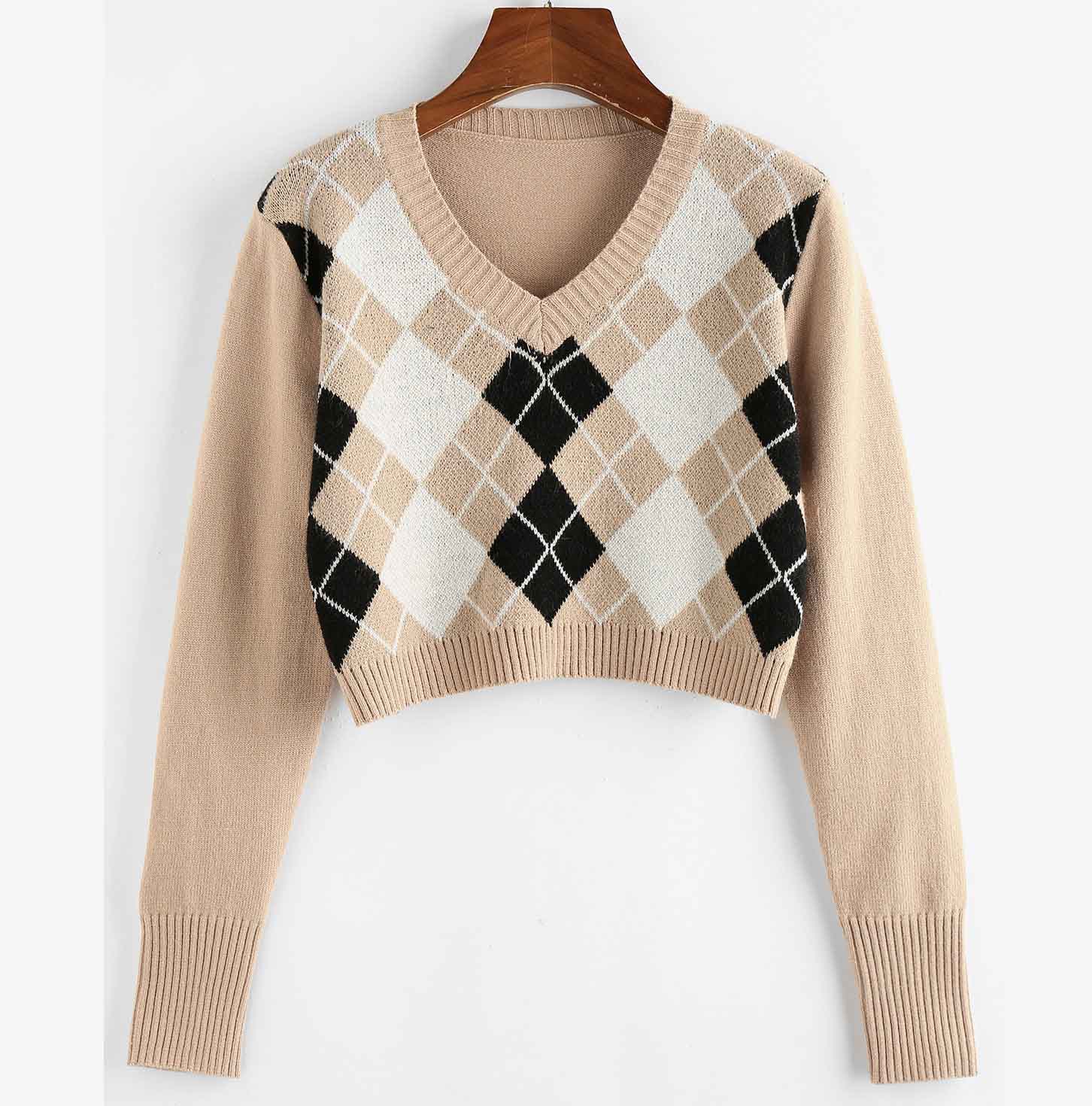 

Women Fashion Sweater Casual Women Cute Argyle V Neck Crop Sweaters Popular Panelled Streetwear Blue Pink Khaki Colors Size -XL