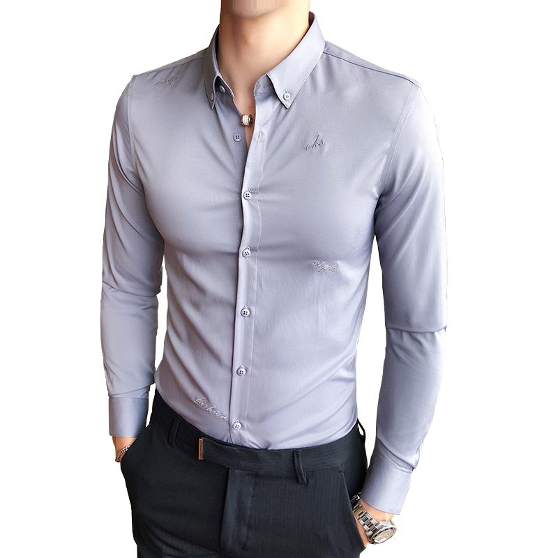 

Men Casual Long Sleeve Shirt Elastic Nice New Men Fashion Boutique Solid Color Embroidery Casual Business Long-sleeved Shirt, Black