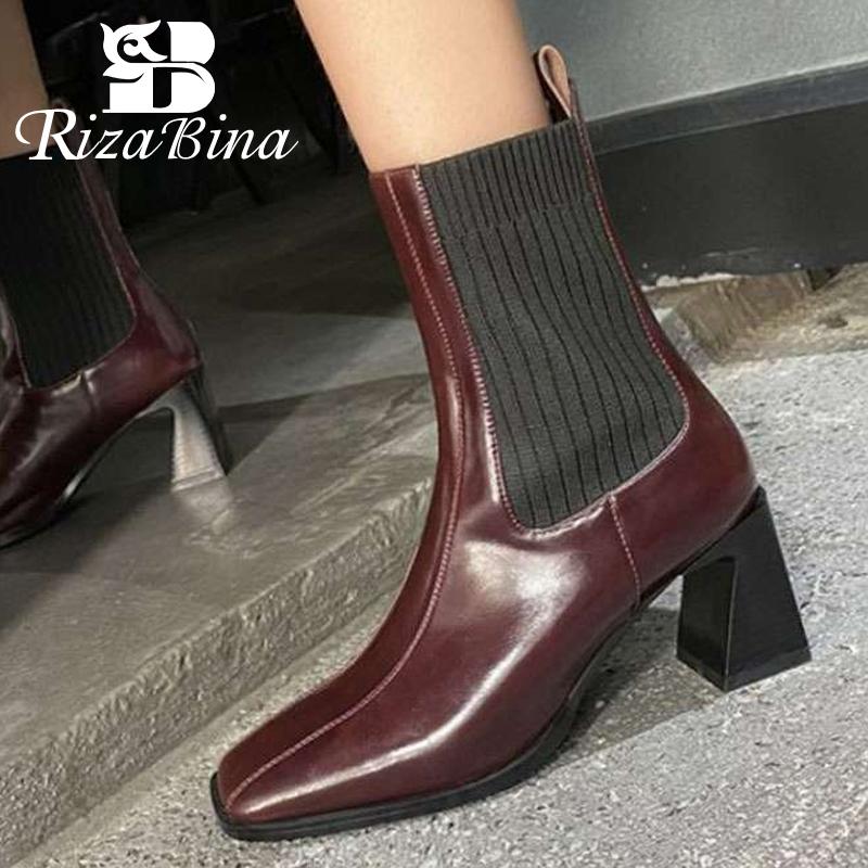 

RIZABINA Women Short Boots Genuine Leather Fashion High Heel Winter Shoes Woman Square Toe Office Lady Footwear Size 33-40, Black