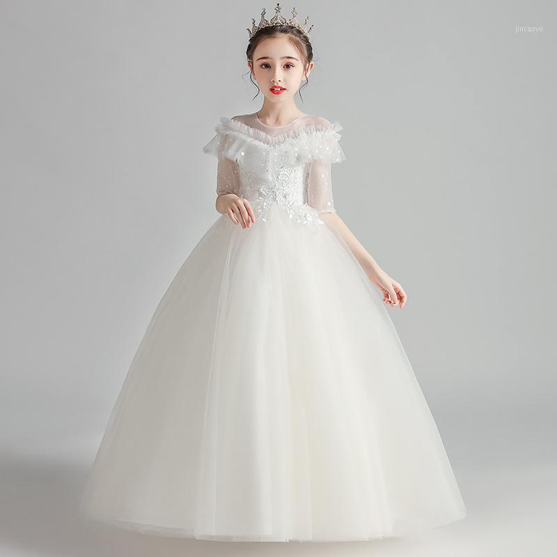 

White Flower Girl Dress Gold Little Dots Beadings Fairy Robe O Neck Ball Gown For Wedding1, 01