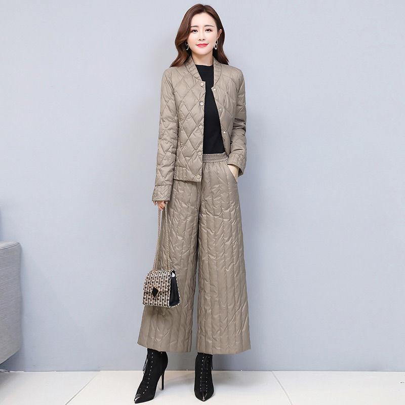 

Winter Fashion Korean Thicken Down Jackets Suits Women Elegant Long Sleeve Warm Coat + Baggy Wide leg Pants Vintage 2 Piece Sets, Brown