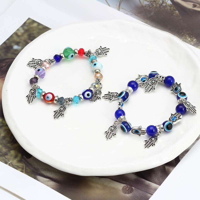 

Antique Silver Plated Fatima Hand Charm Bracelet Blue Evil Eye Beads Strands Bracelets Jewelry
