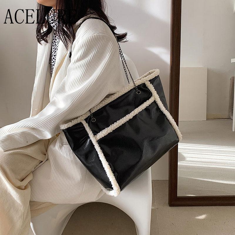 

ACELURE Handbag Female Solid Color PU Leather Shoulder Bucket Bag Large Capacity Crossbody Bag Winter Shopping High Capacity, Black