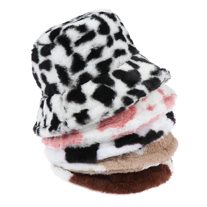 

Winter Cow Leopard Print Plush Bucket Hats For Women Outdoor Warm Hat Soft Velvet Fisherman Cap Lady Fashion Present, A4