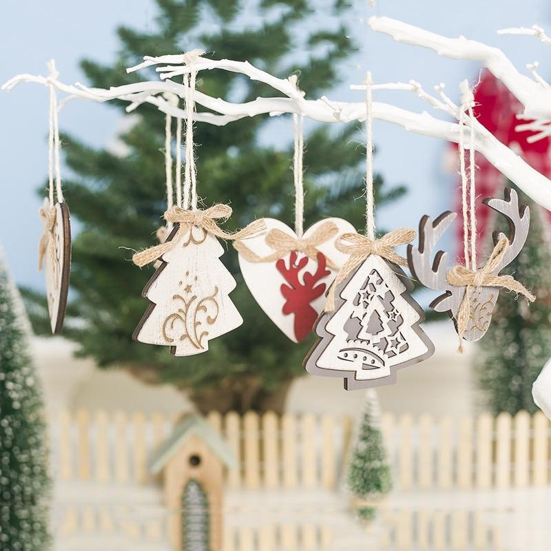 

3pcs/set Wooden Painted Carved Christmas Tree Ornaments Star Heart Elk Christmas Tree Hanging Pendant Decorations Gift1
