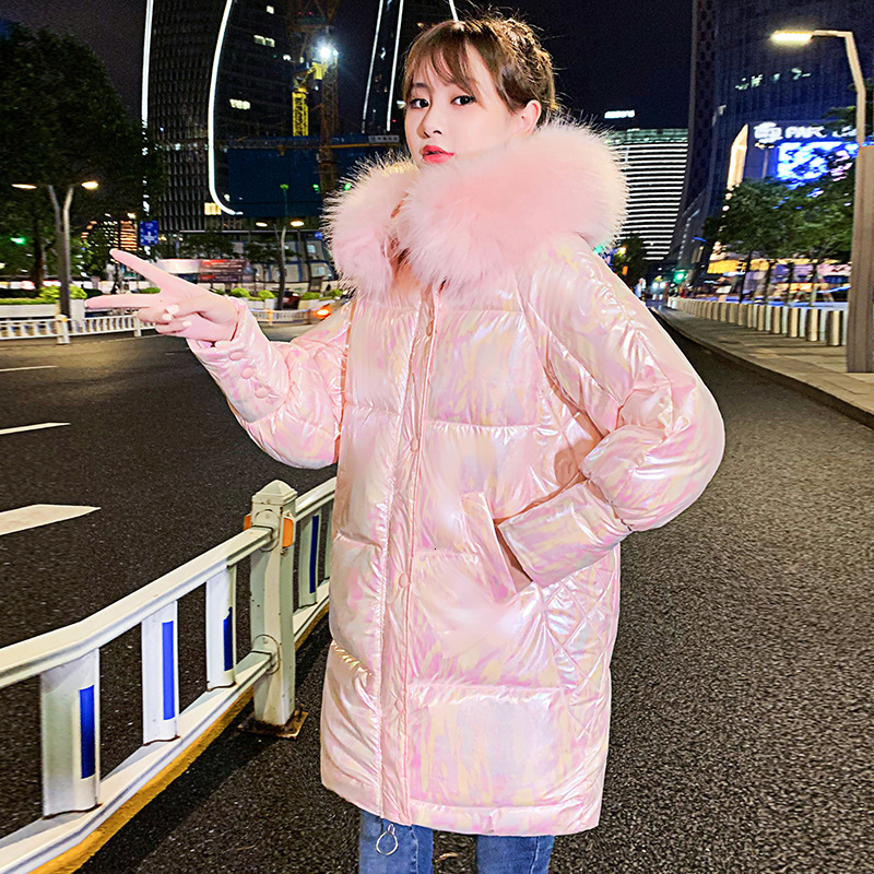 

2021 New Winter Female Jacket with Hoodie Bright Color Artificial Fur Collar Warm Cotton Coat Thick Pink Snow Parka Outwear Z467