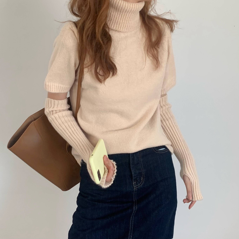 

2021 New Solid Short Sleeve Sweater Collar Elegant Female Mesh Oversleeve Spring MZ1M, Apricot