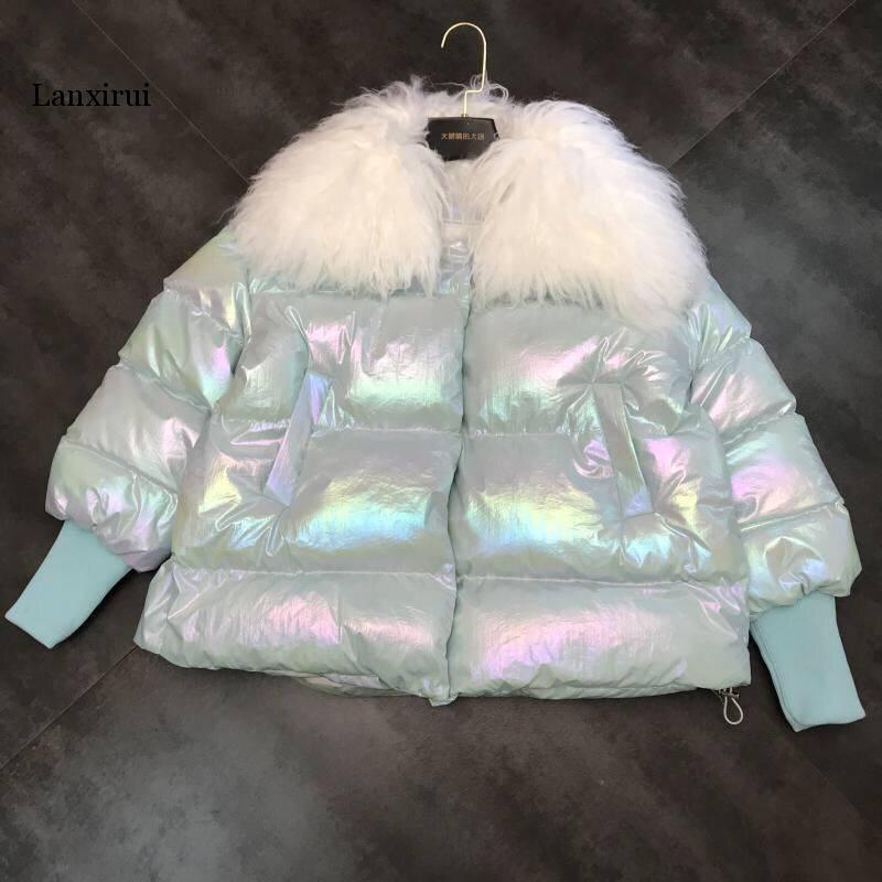 

Winter Jacket Women Shiny Cotton Coat Imitated Wool Collar Colorful Bread Warm Jacket Female Korean Loose Jackets Parka Coat, Blue