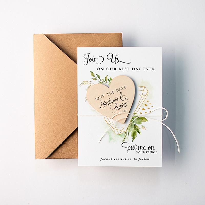 

Personalize heart wood Magnet, engraved rustic Save The Date Magnets, Botanical wedding Invitations with card,wedding favor Gift