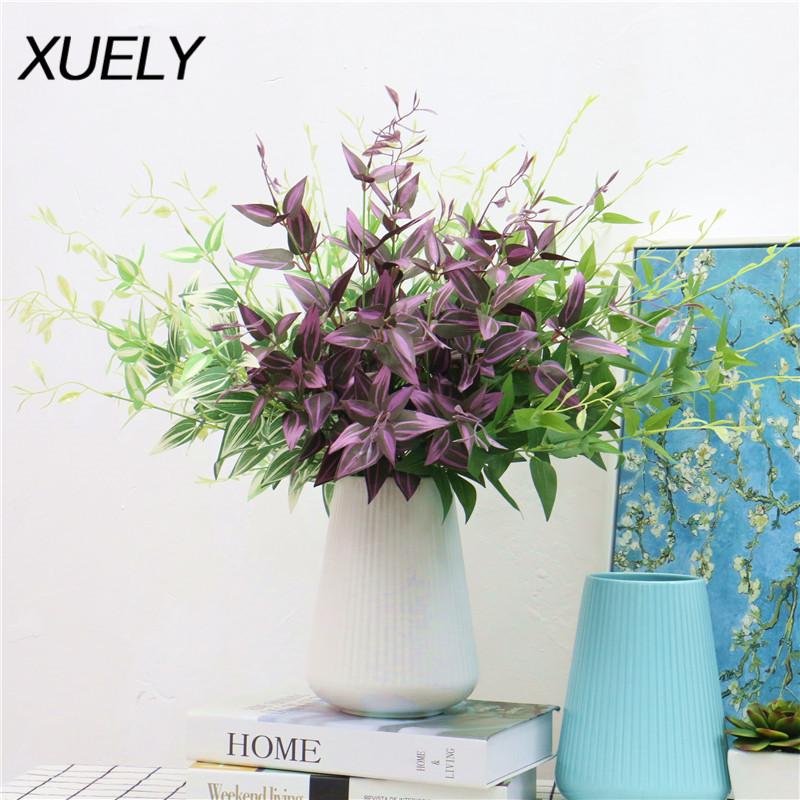 

Artificial green plants 5 fork willow rattan home decorative fake silk leaves wedding hand bouquet flower plants wall material, Eggplant purple gray
