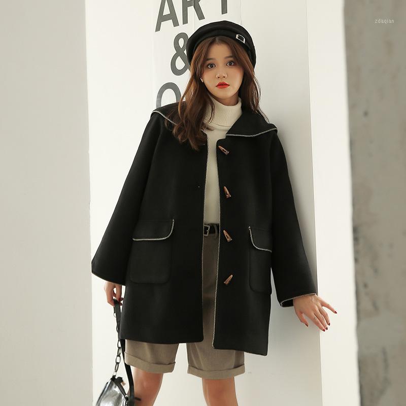 

Preppy Navy collar and horn button coat for women's mid-length winter 2020 new cropped tweed jacket1, Ox horn button coat