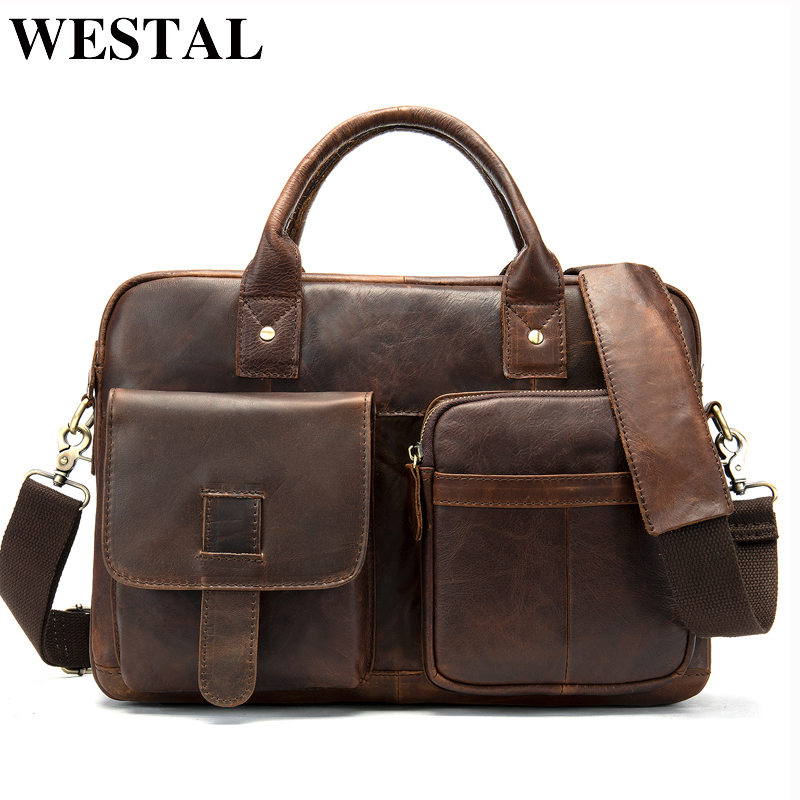 

WESTAL men's briefcase men's bag genuine leather laptop bag leather totes briefcases for document A4 shoulder computer bags 8503, 8503coffee