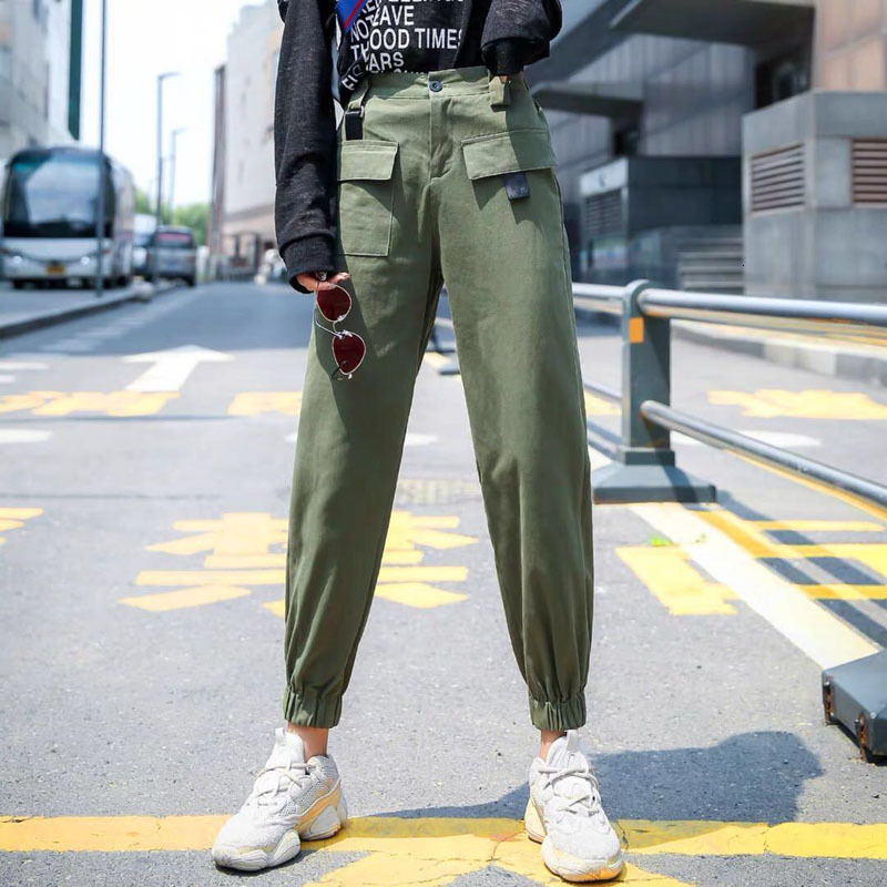 

2021 New More Size Cargo Ladies Ankle Elastic Streetwear Women's Sport Joggers Pants YW0E, Army green.