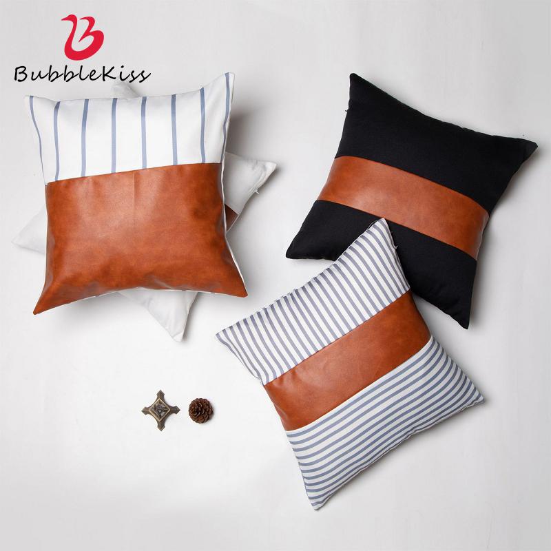 

Bubble Kiss PU Pillow Cover Striped Leather Sofa Decor Pillowcase Modern Home Canvas Stitching Pillowcase Car Cushion Cover