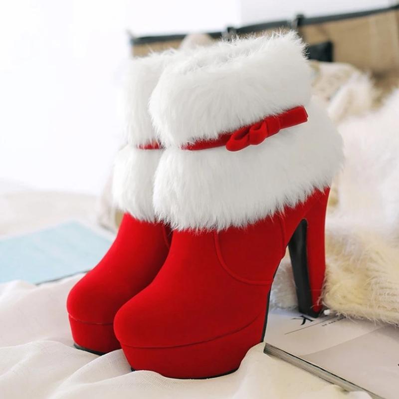 

Winter Christmas Snow Boots Women 2021 Red Black Ankle Boots Female High Heels Platform Shoes Womens Ladies Warm Fur Booties